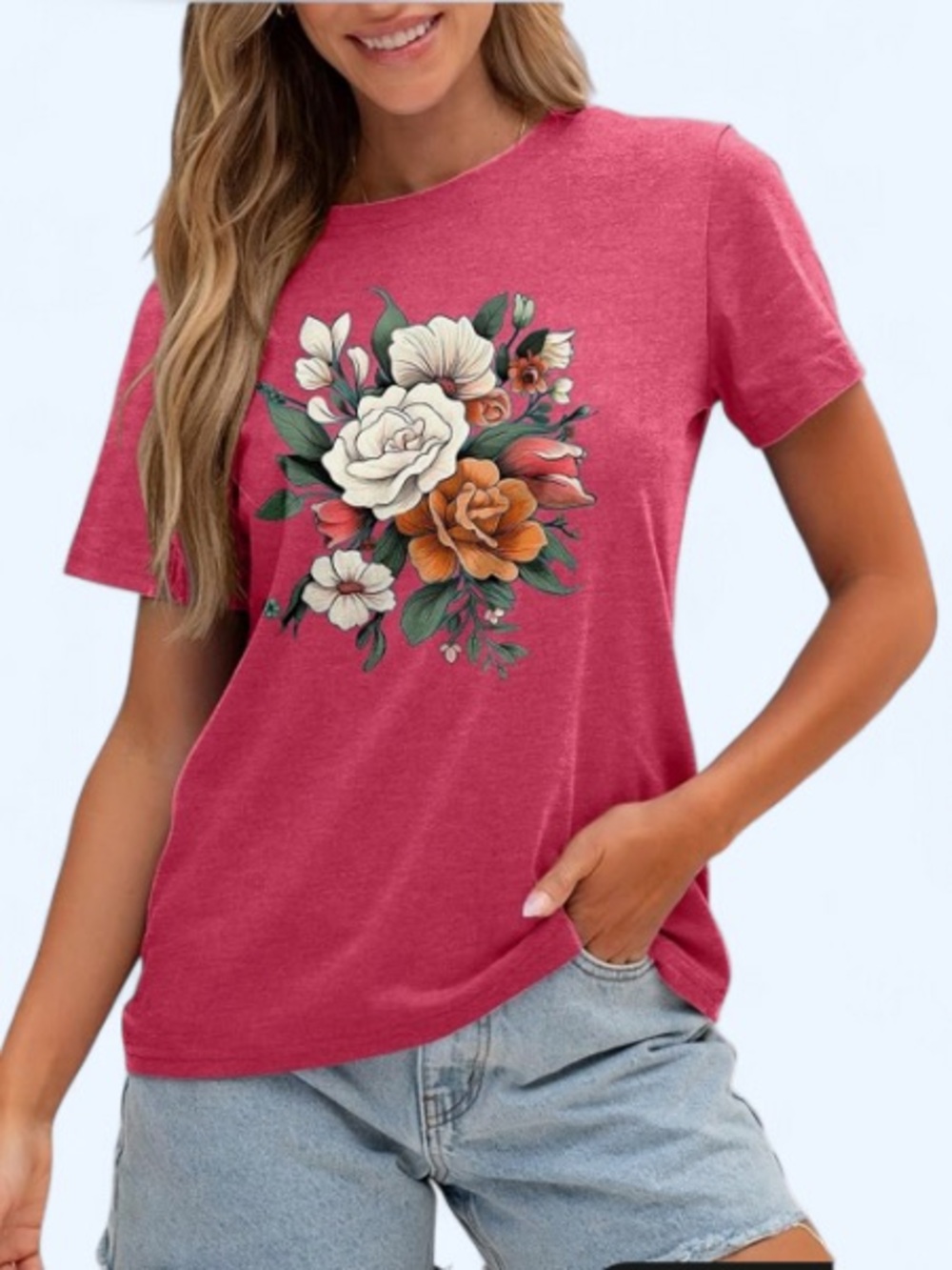Floral Graphic Red T-Shirt Women's Round Floral Print Short Sleeve